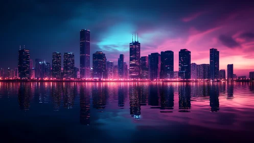 Neon towers hum softly while twilight paints the harbor