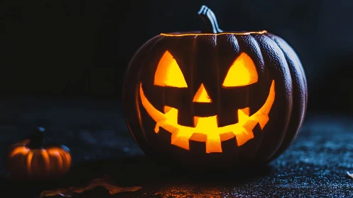 Carved jack o’ lantern emits strong internal glow on dark surface
