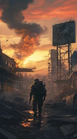Solitary armored figure traverses ruined urban street at dusk