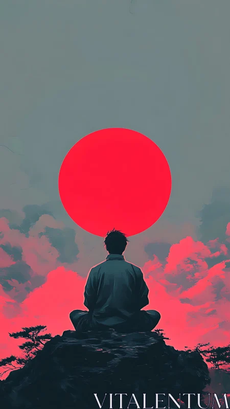 Quiet hillside meditation beneath a bold crimson sun.