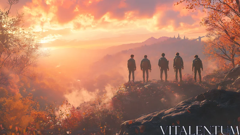 Friends at the ember-bright edge of an autumn sunrise.