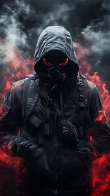 Mysterious hooded wanderer glowing with ember red eyes.