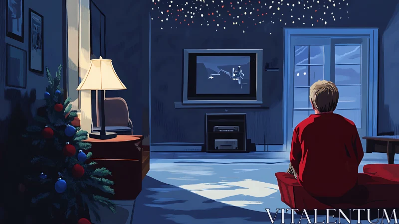 Child observes television in dim living room at night