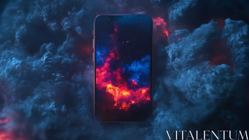 Bezel-less smartphone floating in nebula-like volumetric smoke