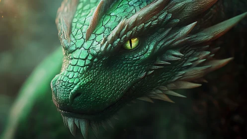 Close-profile emerald dragon head with micro-detailed scales.