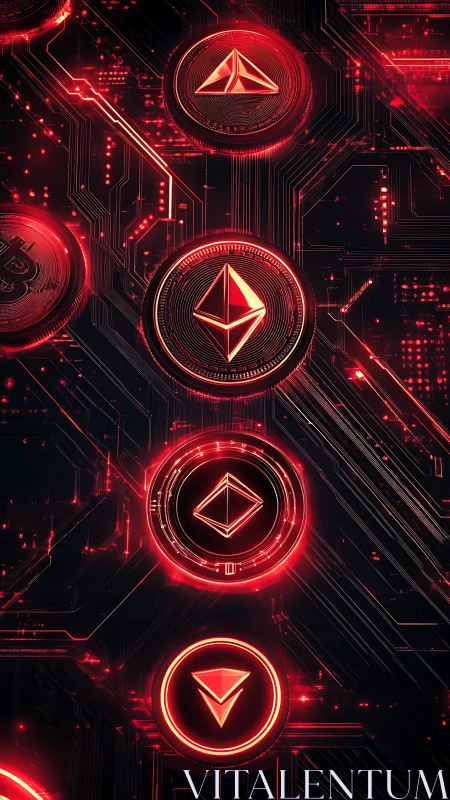 Red Ethereum cryptocurrency icons on digital circuit board.