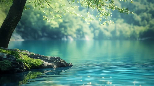 Tranquil turquoise lake with mossy rocks and overhanging tree
