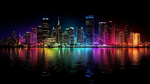 Neon lit city skyline reflected on calm night water.
