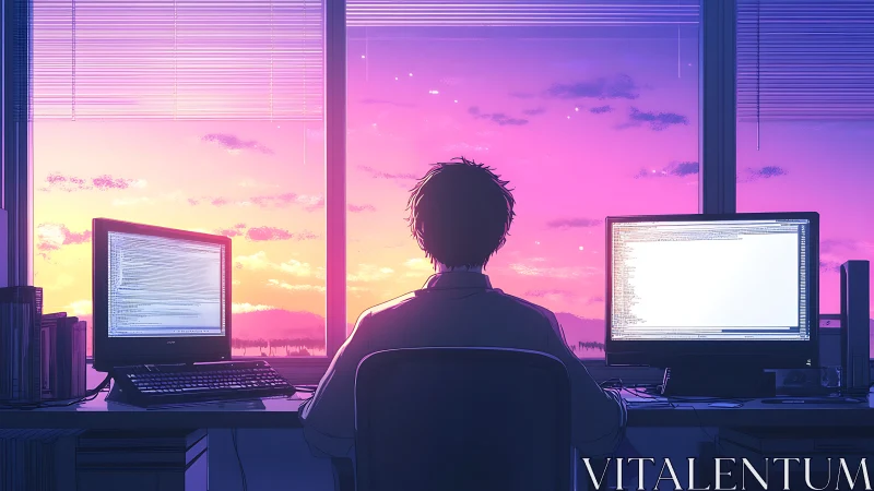 Programmer gazes at sunset sky beyond glowing dual screens