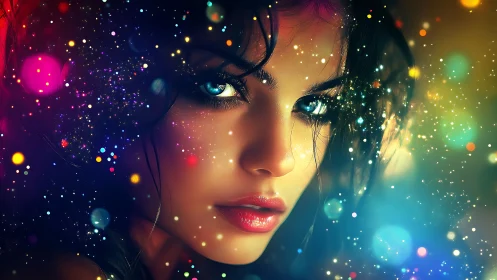 Digital portrait shows female face amid multicolored light bokeh