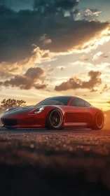 Low sports coupe is rendered on empty road at sunset