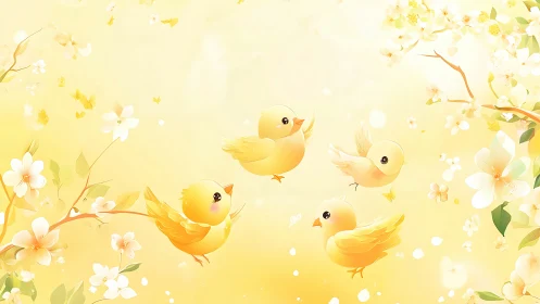 Golden songbirds dancing through luminous spring blossoms.