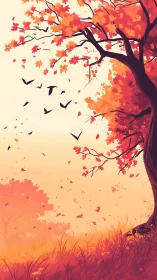 Autumn maple tree with birds in flight over glowing meadow.