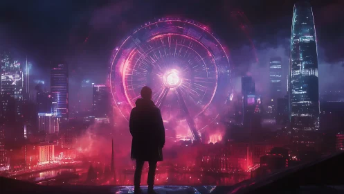 Silhouetted watcher confronts glowing cybernetic city portal.