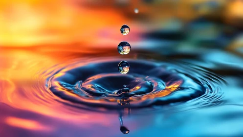Cascade of chromatic droplets over a dreaming water pool.
