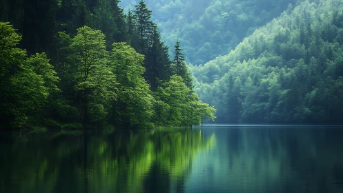 Forest Lake Reflection. Mirror-still waters embrace verdant woodland.