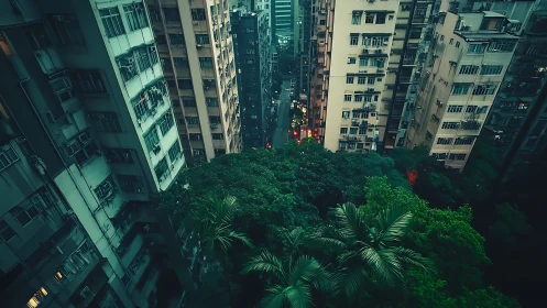 Urban canyon cradles secret jungle in teal evening hush.