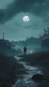 Moonlit wanderer crossing a haunted, mist-drowned village road.