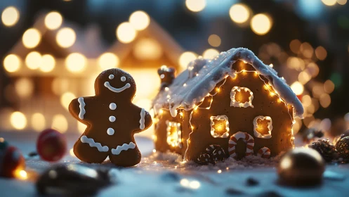 Gingerbread guardian and twinkling sugar cottage at dusk.