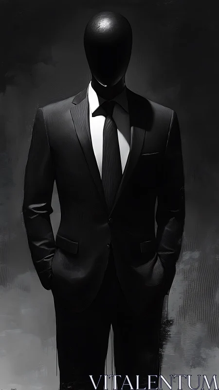 Faceless suited figure in chiaroscuro monochrome portrait.