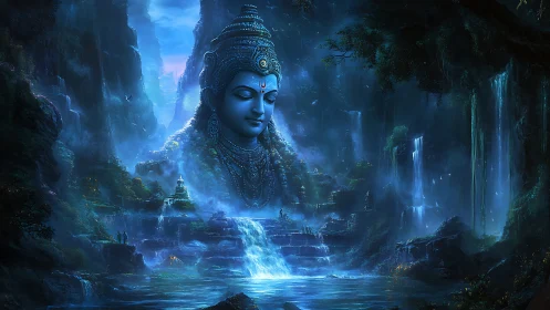 Mythic waterfall sanctuary with monumental serene deity bust.