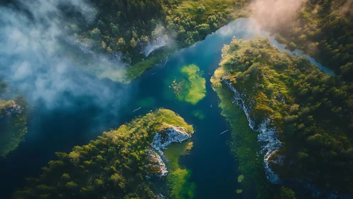 Mist-draped river gorge with emerald islets at sunrise.