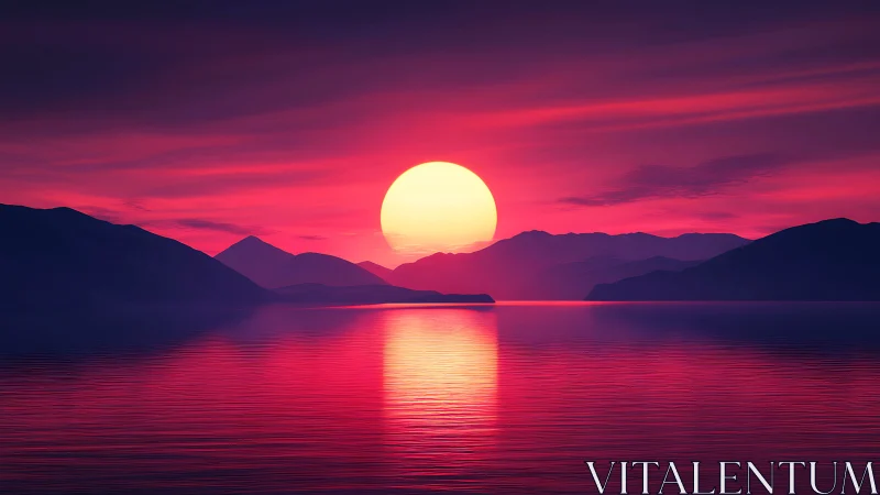 Radiant magenta sunset over tranquil reflective seascape.