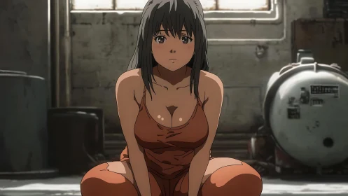 Solitary anime girl in orange slip dress in derelict boiler room.