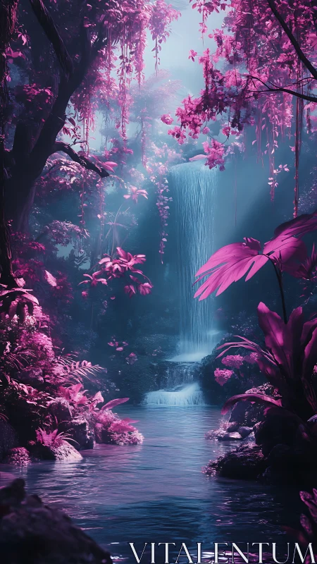 Neon orchid waterfall dream cloaked in luminous jungle dusk.