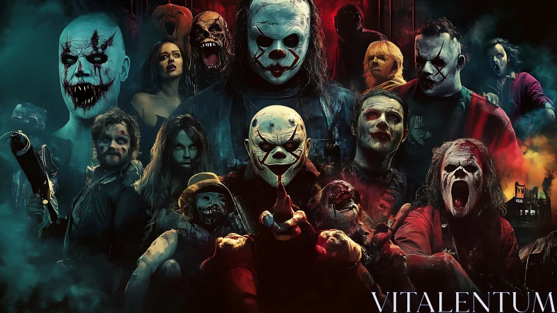 Clown-masked horror ensemble under neon-tinted atmospheric lighting