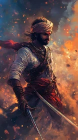 Warrior in ember-lit storm with twin blades and red sash.