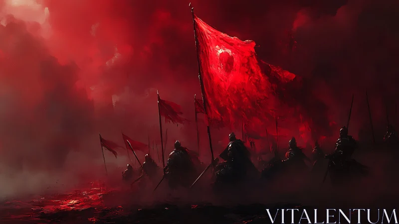 Armored soldiers advance under burning crimson war banner