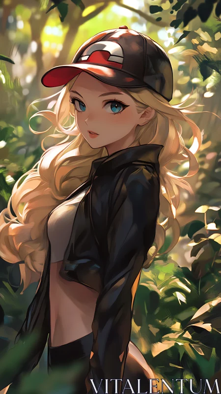 Anime heroine in sunlit forest with sporty cap and jacket.