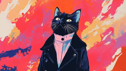 Stylized Black Cat in Jacket Against Vibrant Abstract Background.