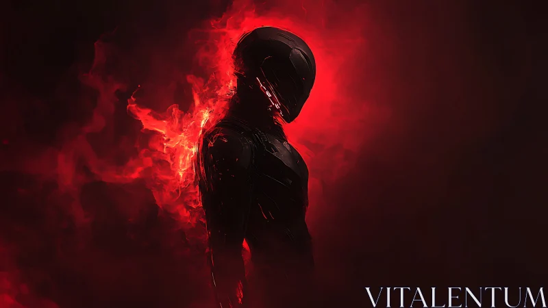 Futuristic armored figure in red smoke on dark backdrop.