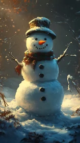 Snowman in cinematic winter lighting stands amid forest snow