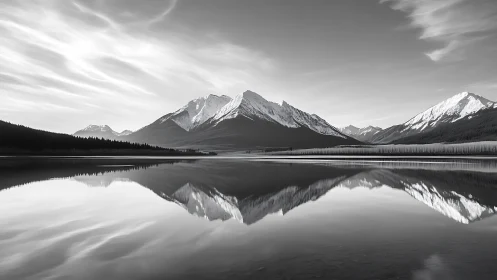 Snowcapped mountain range mirrored in tranquil alpine lake.
