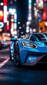 Futuristic blue supercar under neon city lights at night.