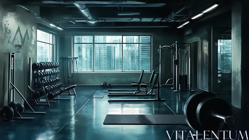Empty urban weight room captures cool pre-dawn training mood