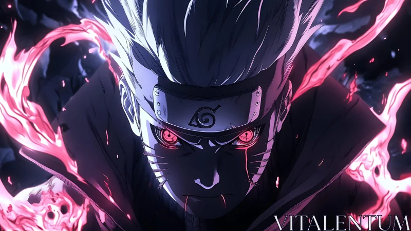 Intense anime warrior with glowing red aura in darkness.