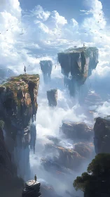 Vertical fantasy panorama of floating cliffs above cloud abyss