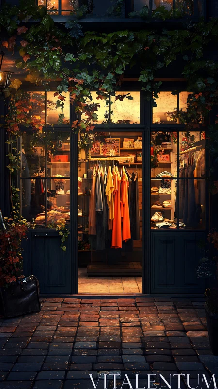 Nocturnal Retail Facade: Luminous Fashion Storefront with Verdant Surround.