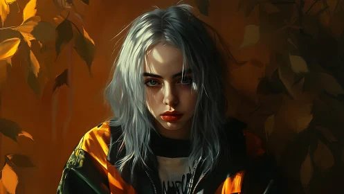 Silver haired girl amid golden foliage, moody lighting