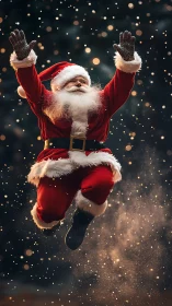 Photorealistic leaping Santa Claus in festive snowfall portrait.