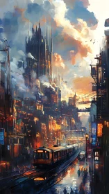 Sunset city trains gliding through a glowing rainy skyline.