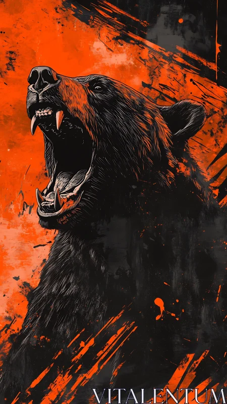 Roaring bear illustration amid stark orange splatter background.