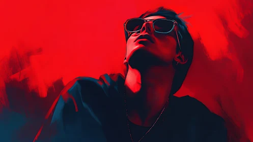 Cool red-lit portrait soaking in bold city-night vibes.