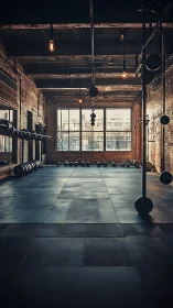 Inviting industrial gym space bathed in soft city light.