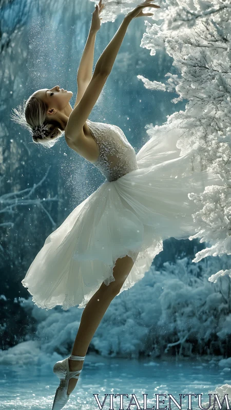 Ballerina in white leaps gracefully through a frozen forest dream