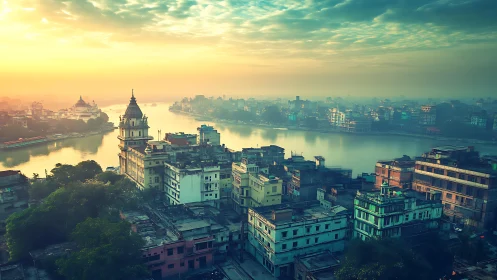Riverfront cityscape under hazy golden sunrise light.